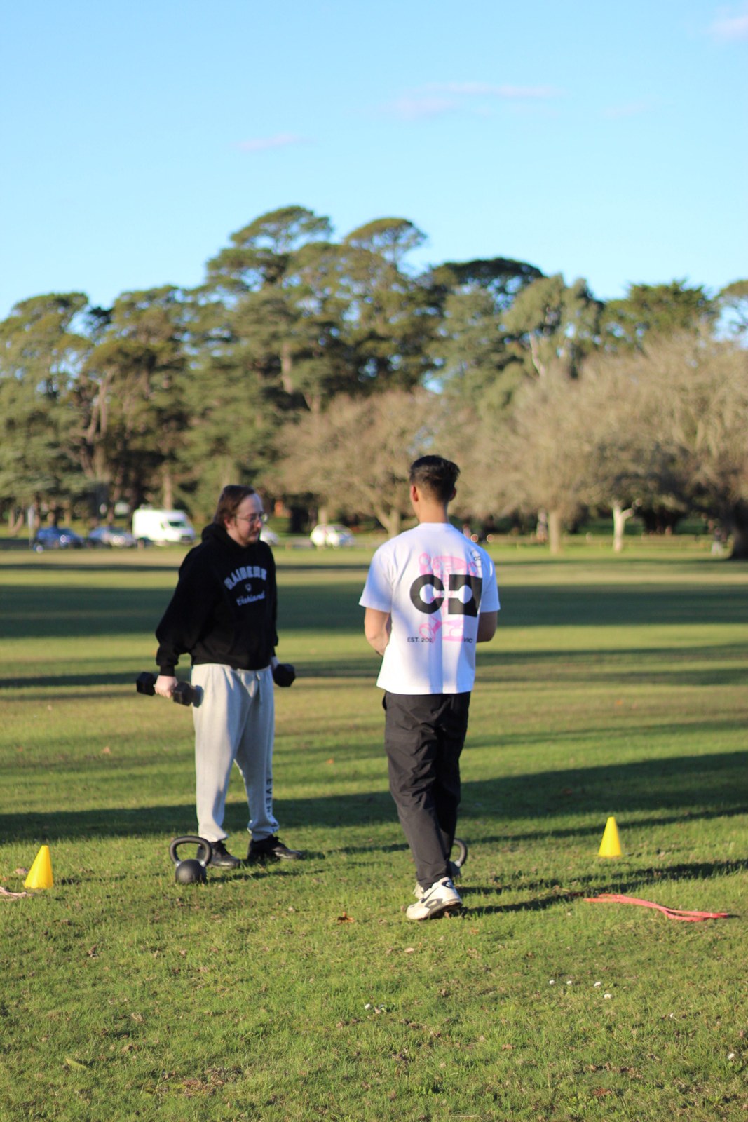 A full outdoor session set up with cones and weights